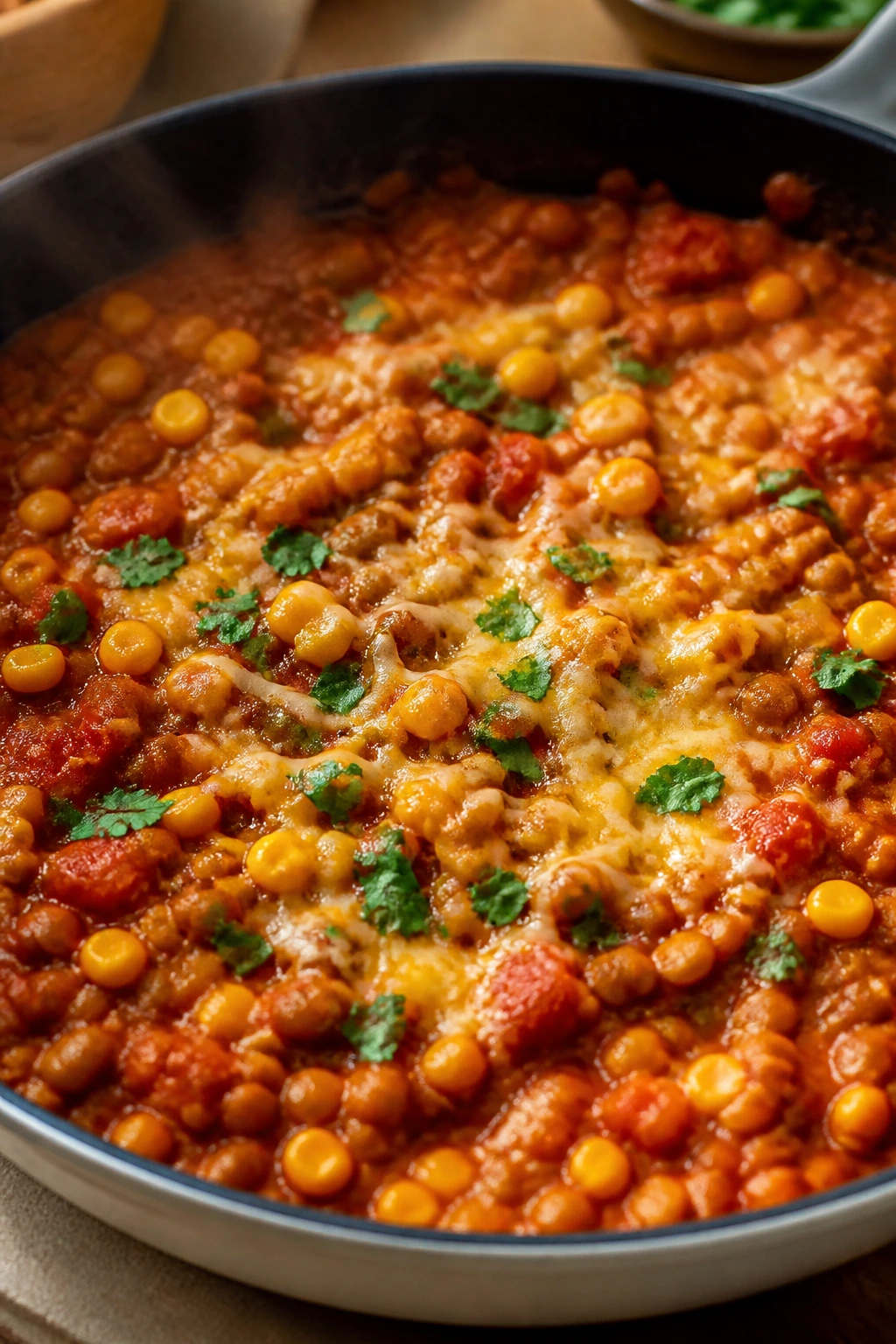 Lentil taco skillet with red lentils and corn in a skillet