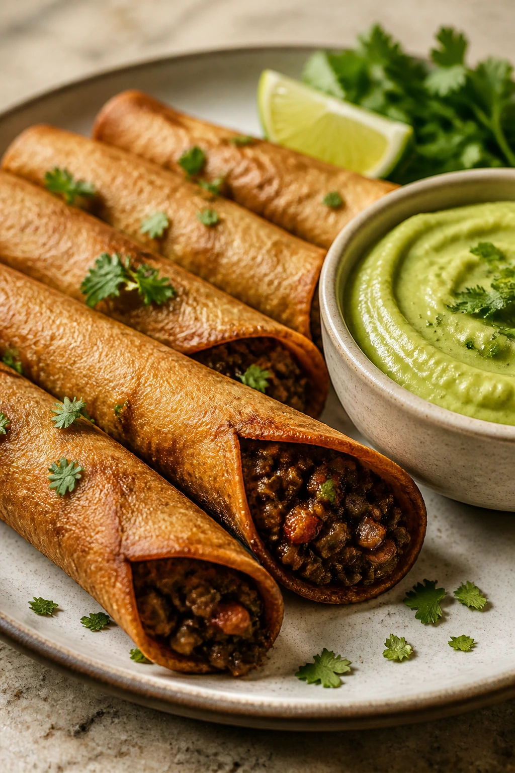 Close-up of lentil taquitos with avocado crema on a plate