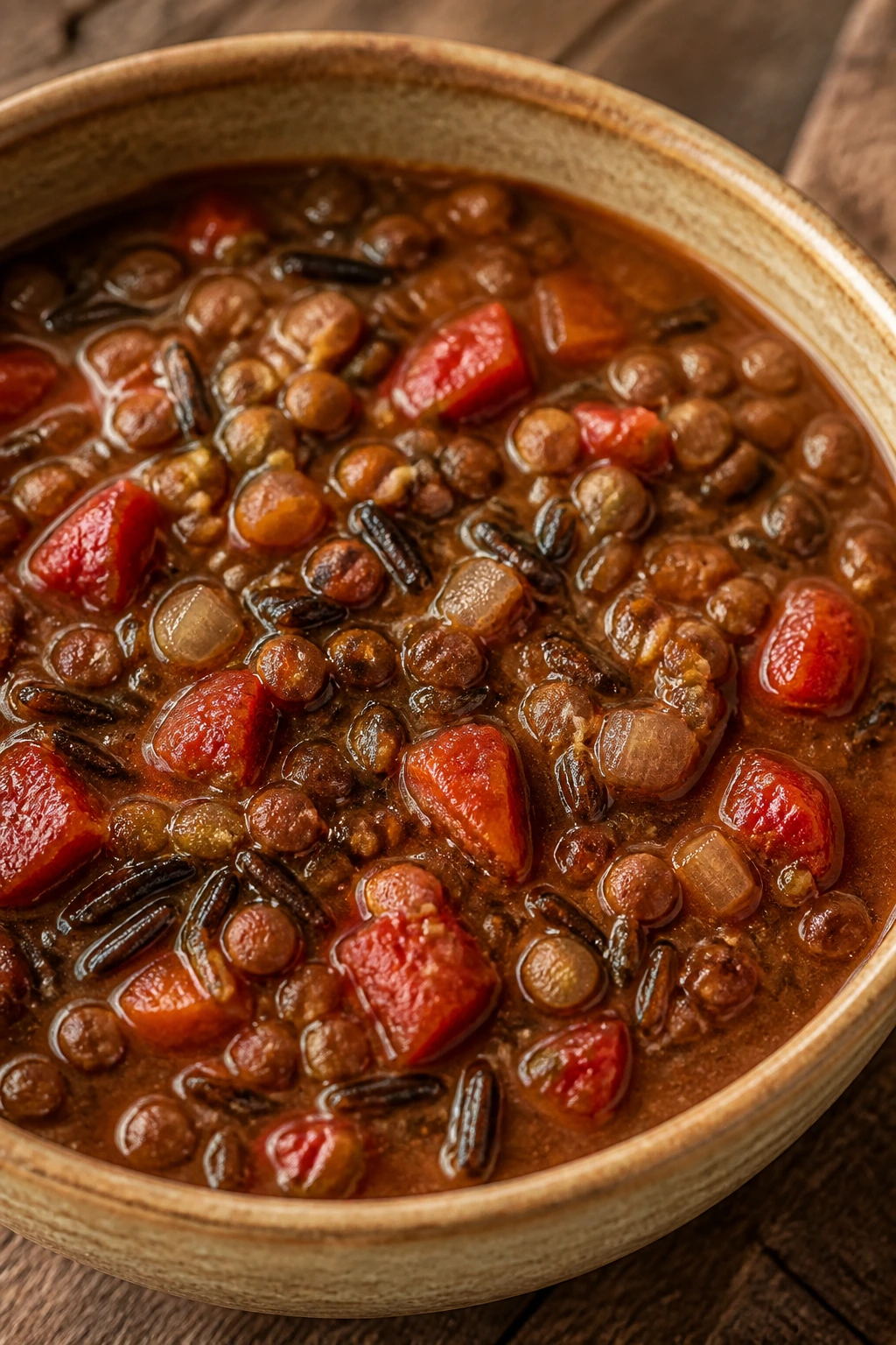 Close-up of lentil tomato wild rice soup in a bowl