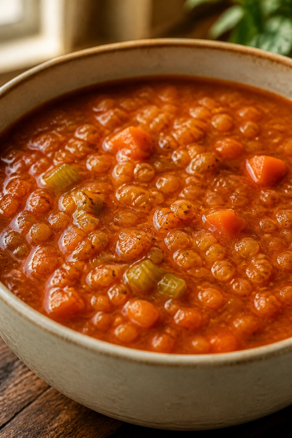 Hearty tomato lentil soup with visible lentils in a bowl