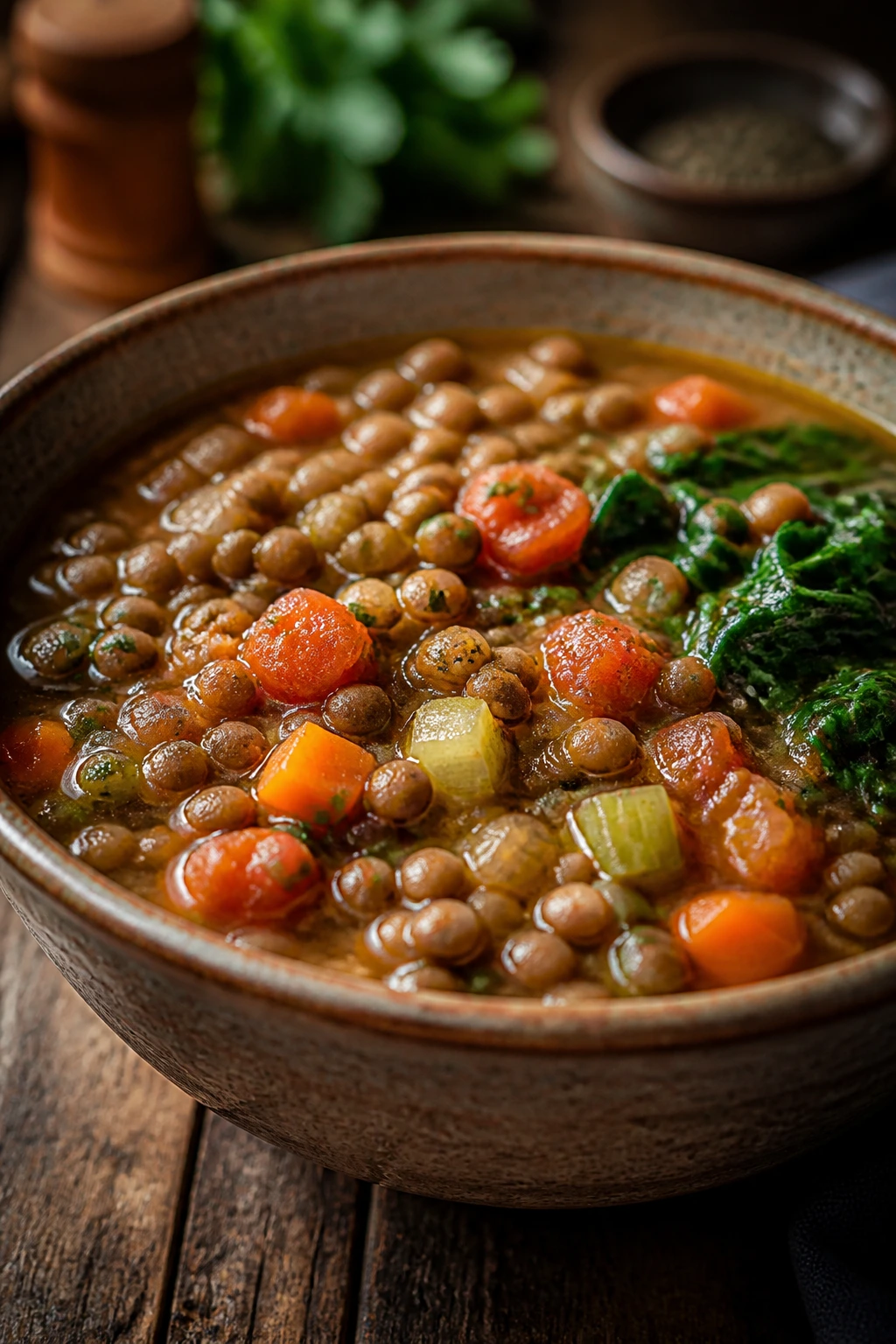Lentil and vegetable stew in a rustic bowl on a wooden table