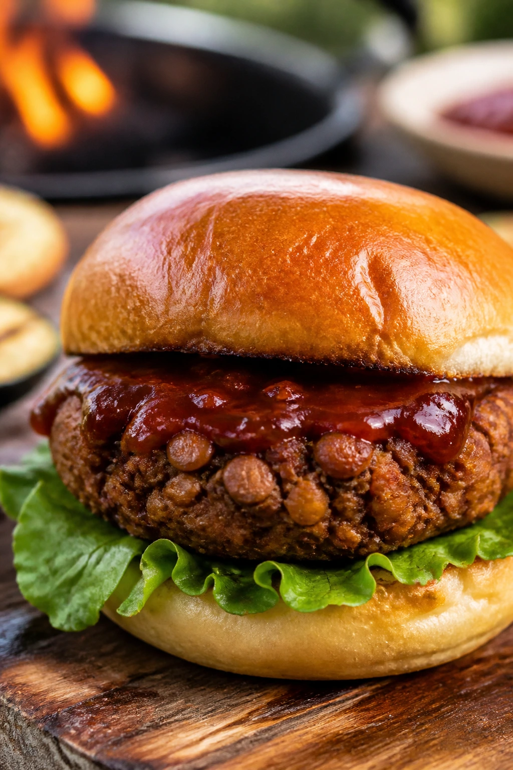 Close-up of lentil-walnut burger on vegan bun