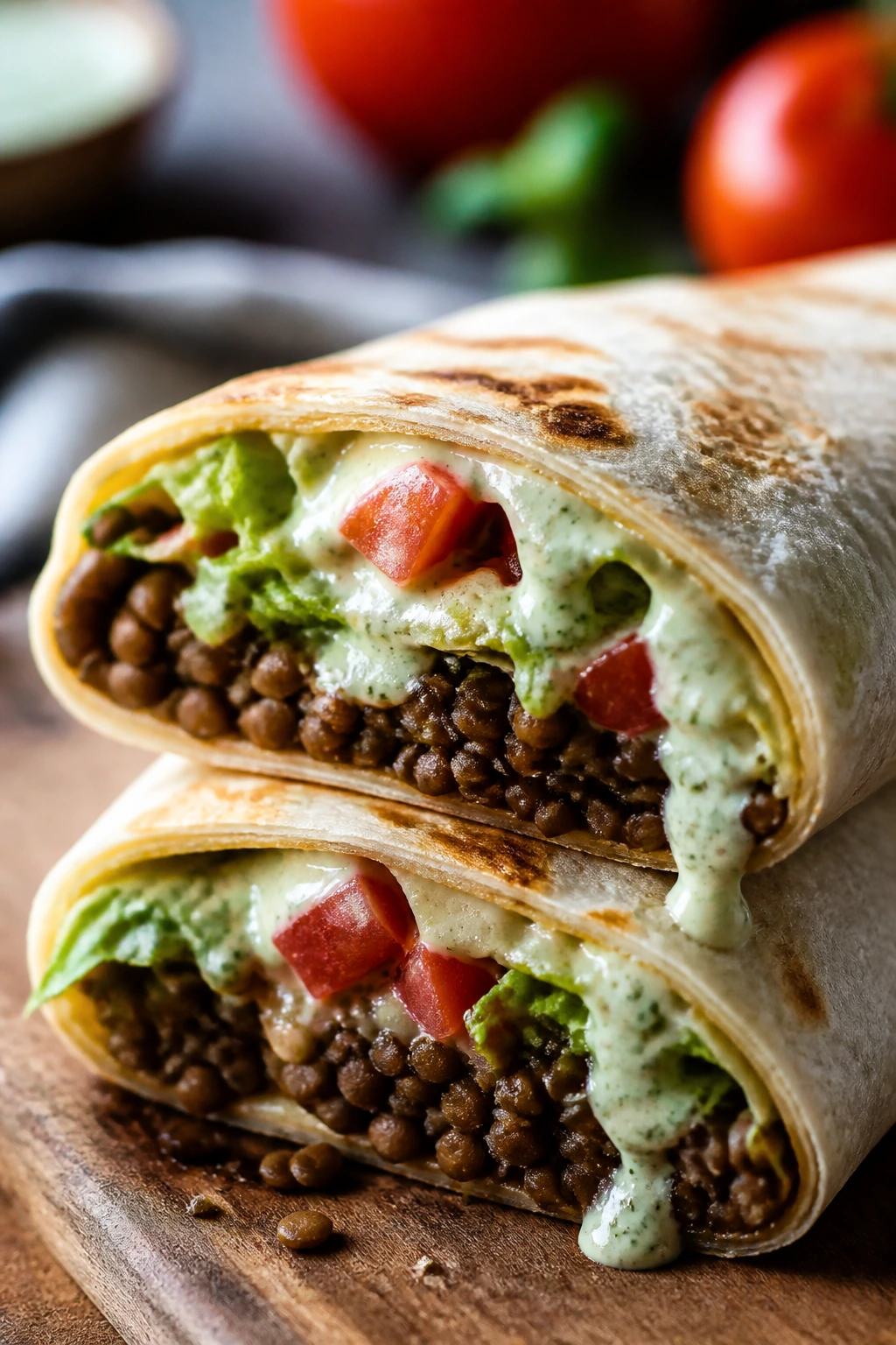 Close-up of lentil taco wrap cross-section with lime crema drizzle.
