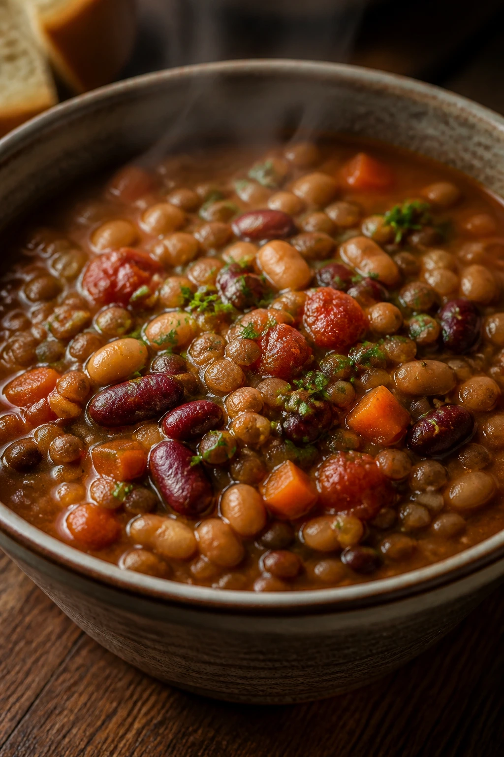 Close-up of lentil and bean stew in a rustic bowl