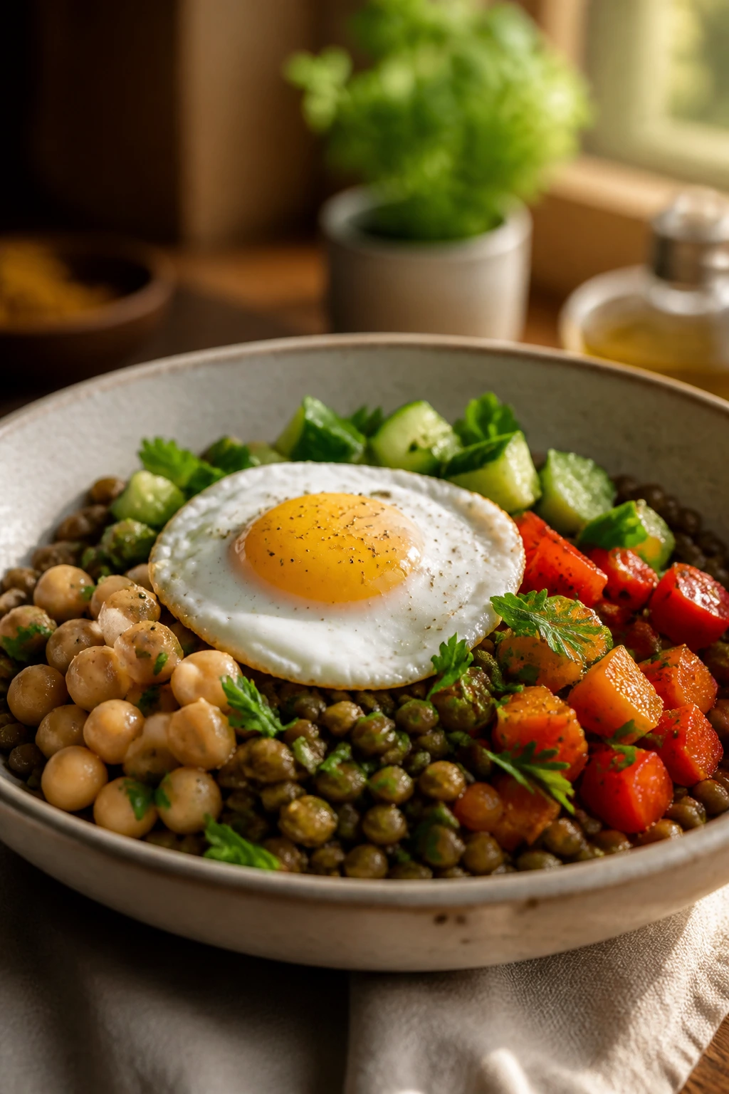 Lentil bowl with egg, chickpeas, vegetables and herbs showing meal variations