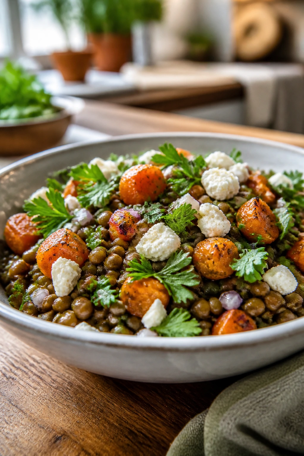 Close-up of Lentil Salad with Roasted Carrots and Feta featuring lentils and feta