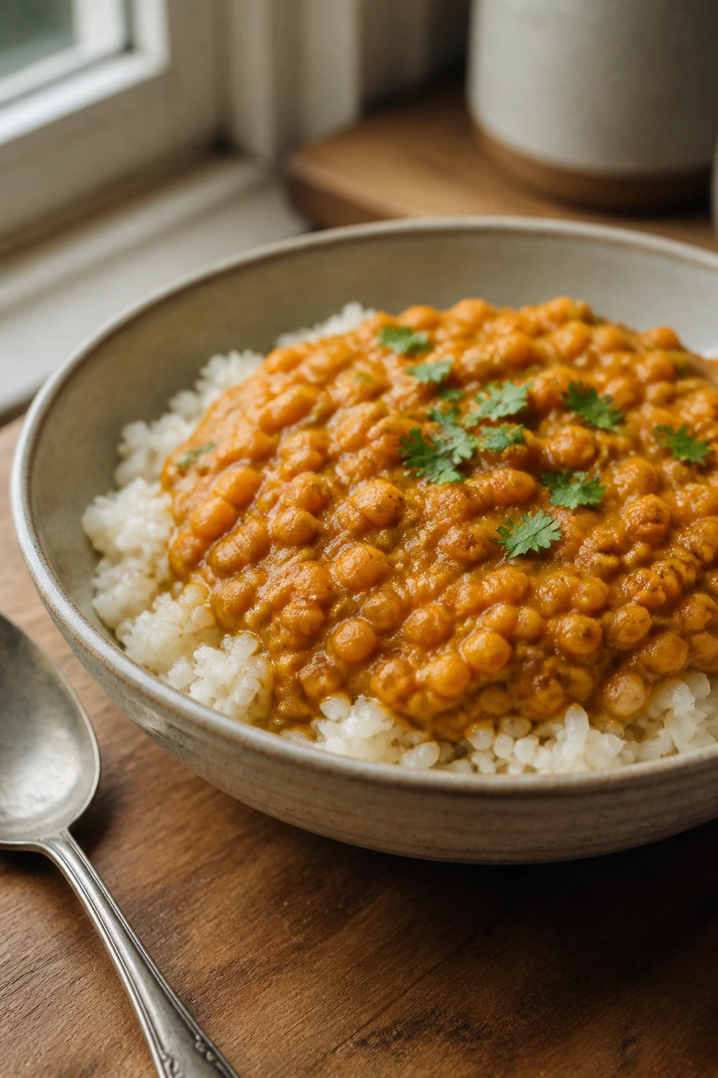 Close-up of coconut lentils with rice in a bowl, creamy texture