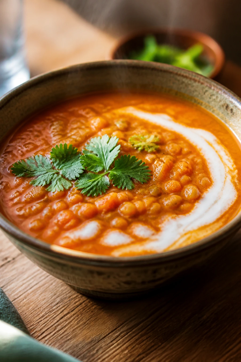 Velvety coconut lentil soup in rustic bowl with cilantro