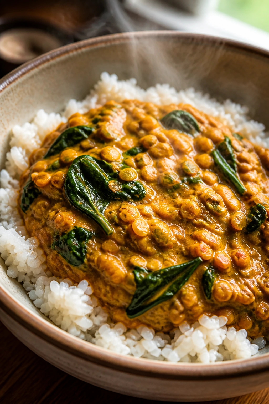 Close up of coconut curry lentils served over rice