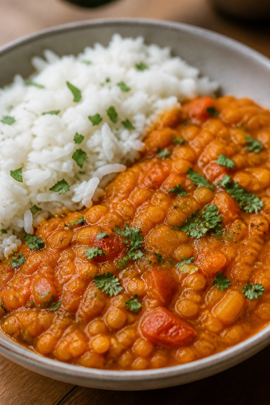 Red lentil curry with rice in a shallow bowl