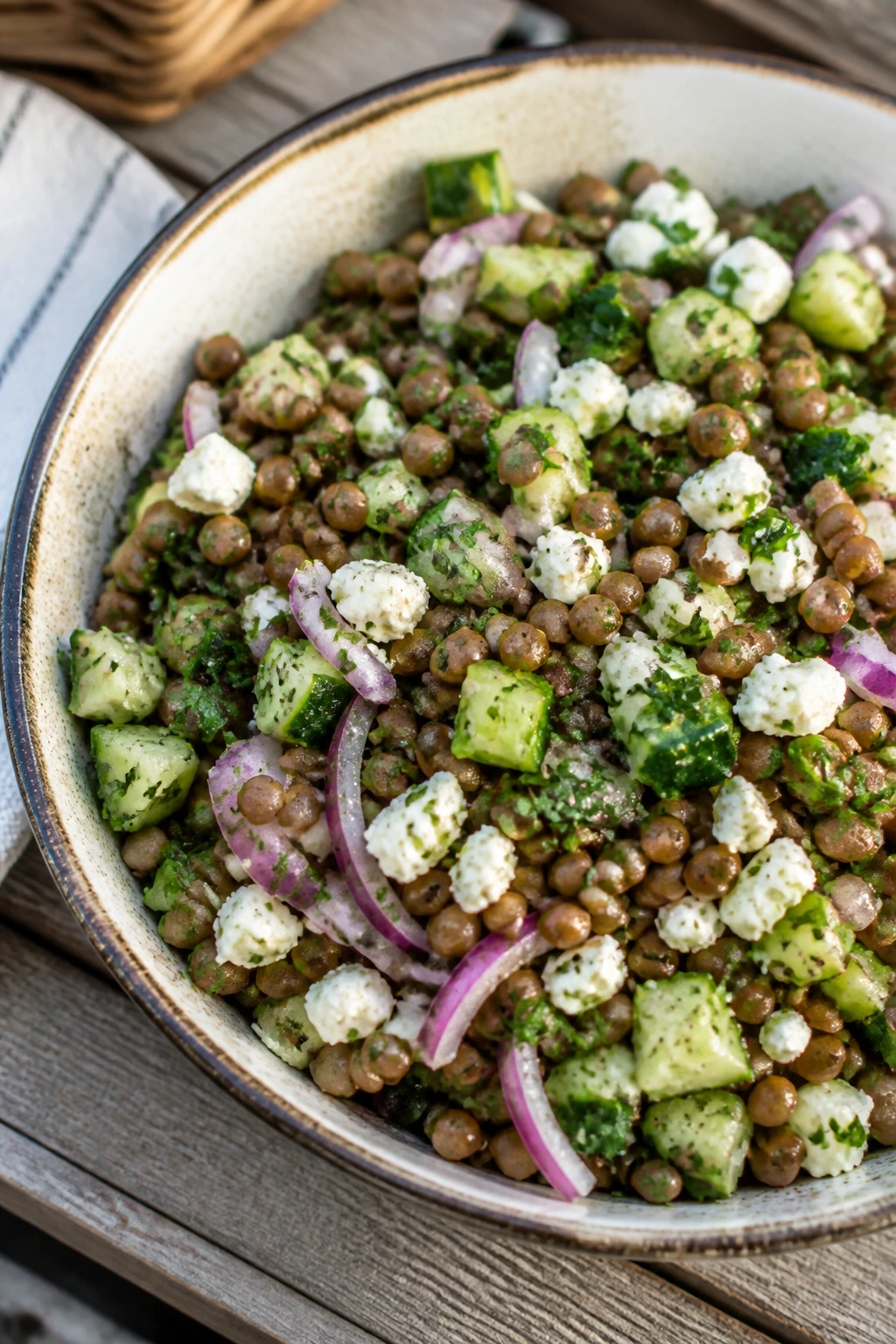 Lentil and feta picnic salad with cucumber and herbs in a bowl on a wooden table.