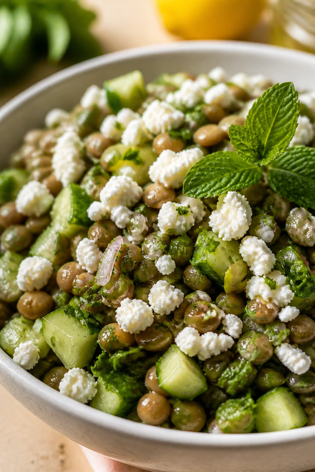 Close-up lentil salad with herbs and feta in warm kitchen light