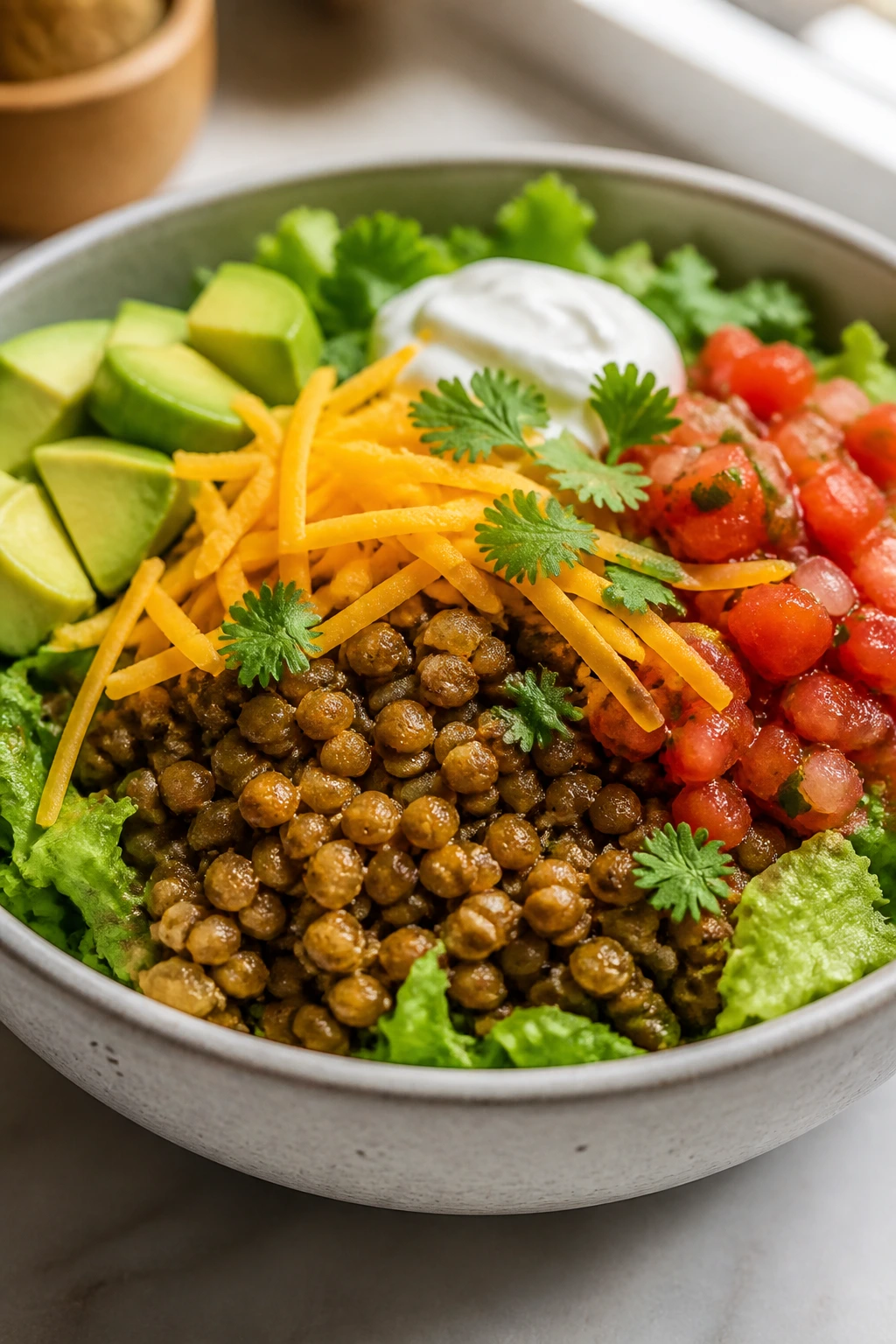 Lentil Taco Salad bowl with lettuce salsa avocado