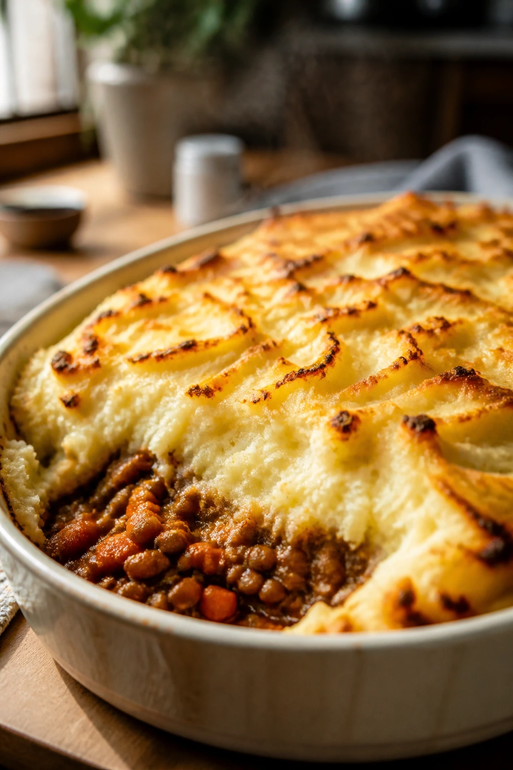 Close-up of lentil shepherd’s pie with mashed potato topping in a baking dish on a warm kitchen counter