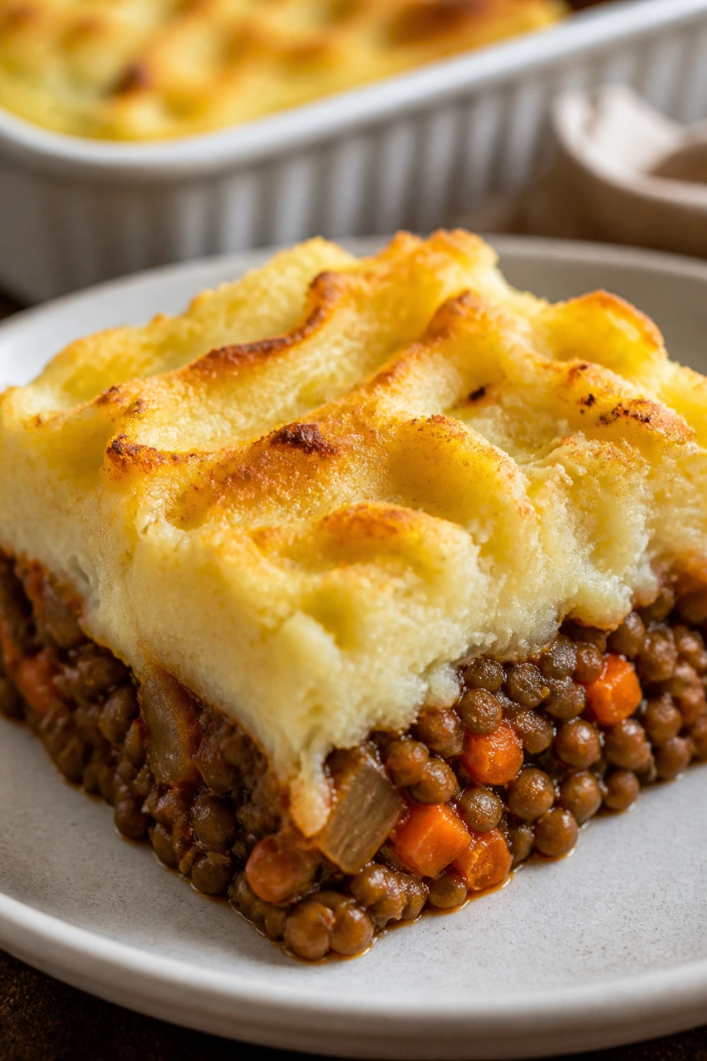 Close-up of a lentil shepherd's pie square on a plate