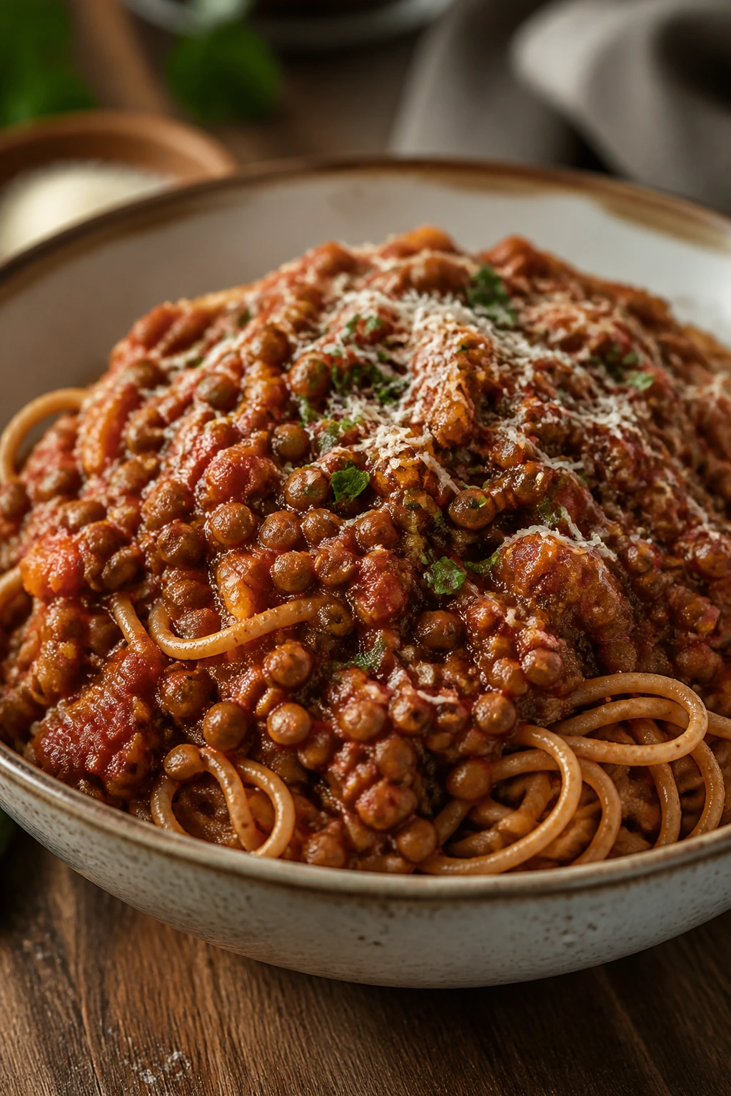 Close-up of lentil bolognese over whole-wheat pasta in a rustic bowl