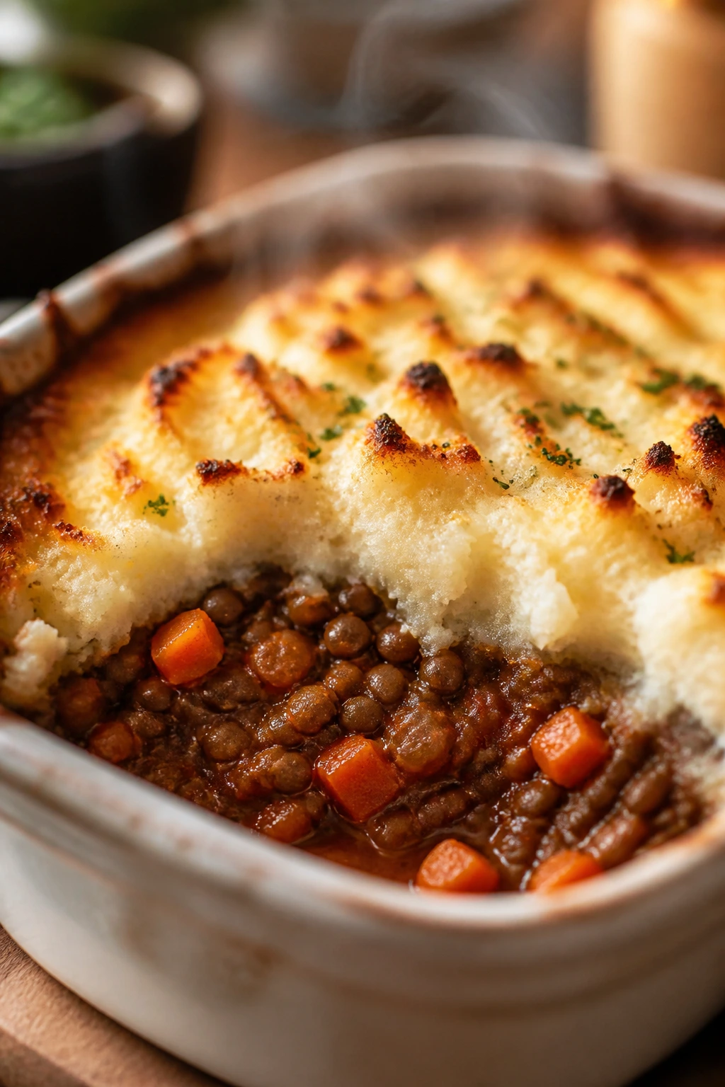 Lentil shepherd's pie with mashed potato topping in baking dish
