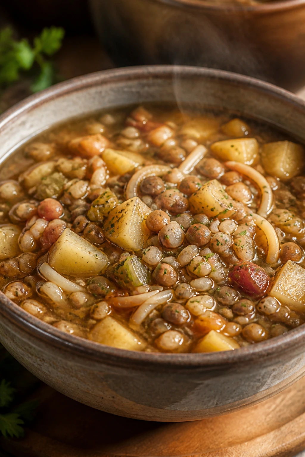 Hearty soup with lentils, potatoes, and grains in a rustic bowl