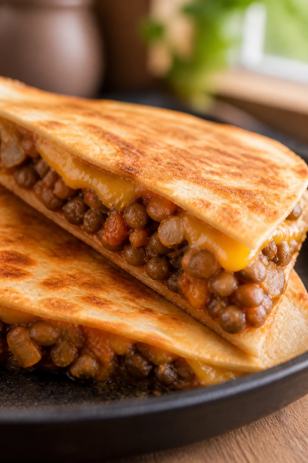 Close-up of lentil quesadilla wedge with cheddar