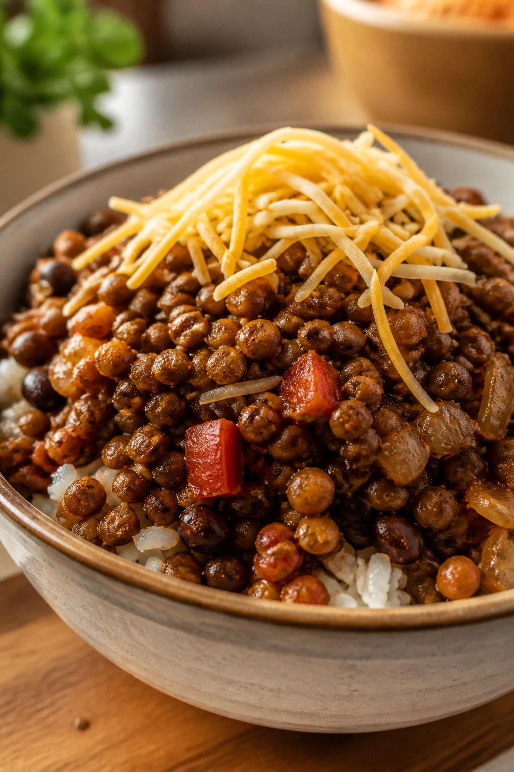 Close-up of lentil taco bowl with lentils beans and rice