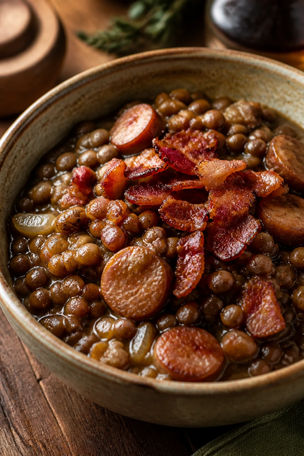 Bacon-topped lentil and sausage bowl with glaze