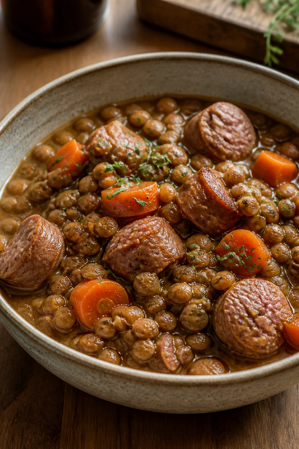 Close-up of lentils braised with sausage and carrots in a rustic bowl