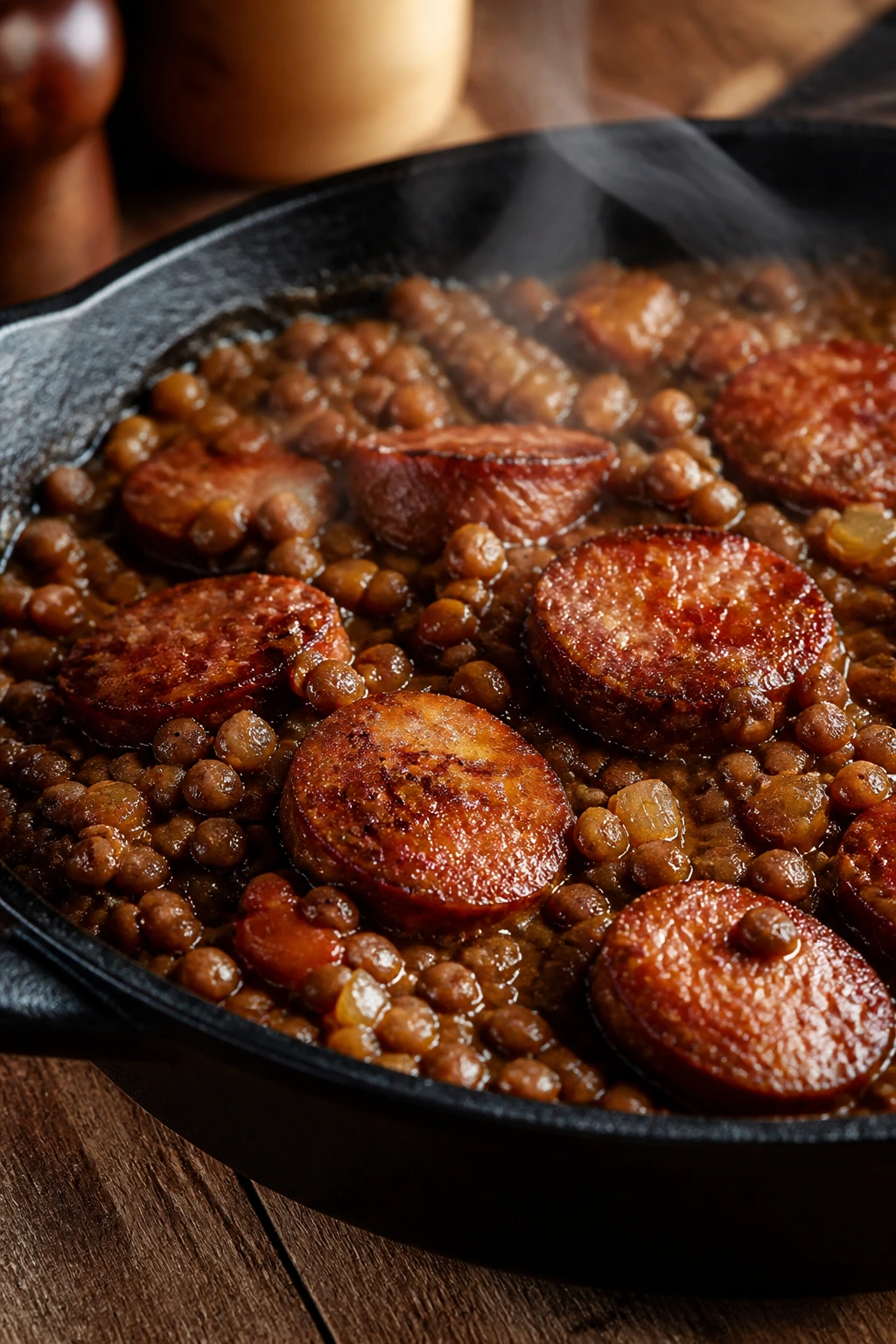 Close-up of tender lentils and smoked sausage in a glossy brown sugar glaze in a rustic skillet