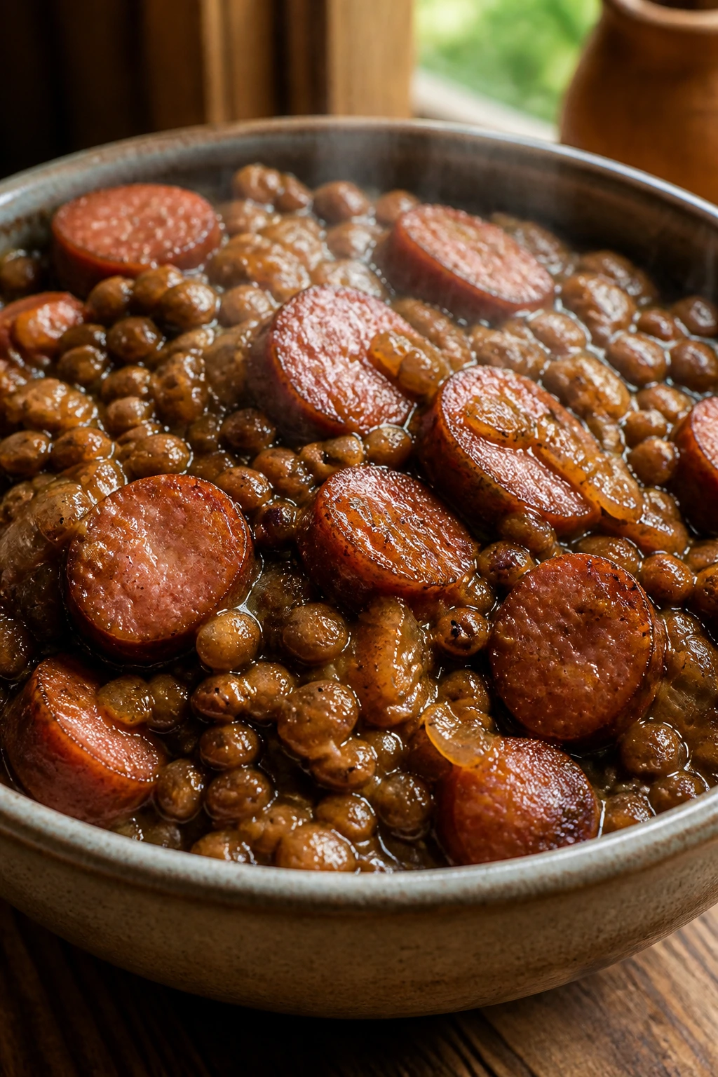 Close-up of lentils and sausage with glossy brown sugar glaze in a rustic bowl