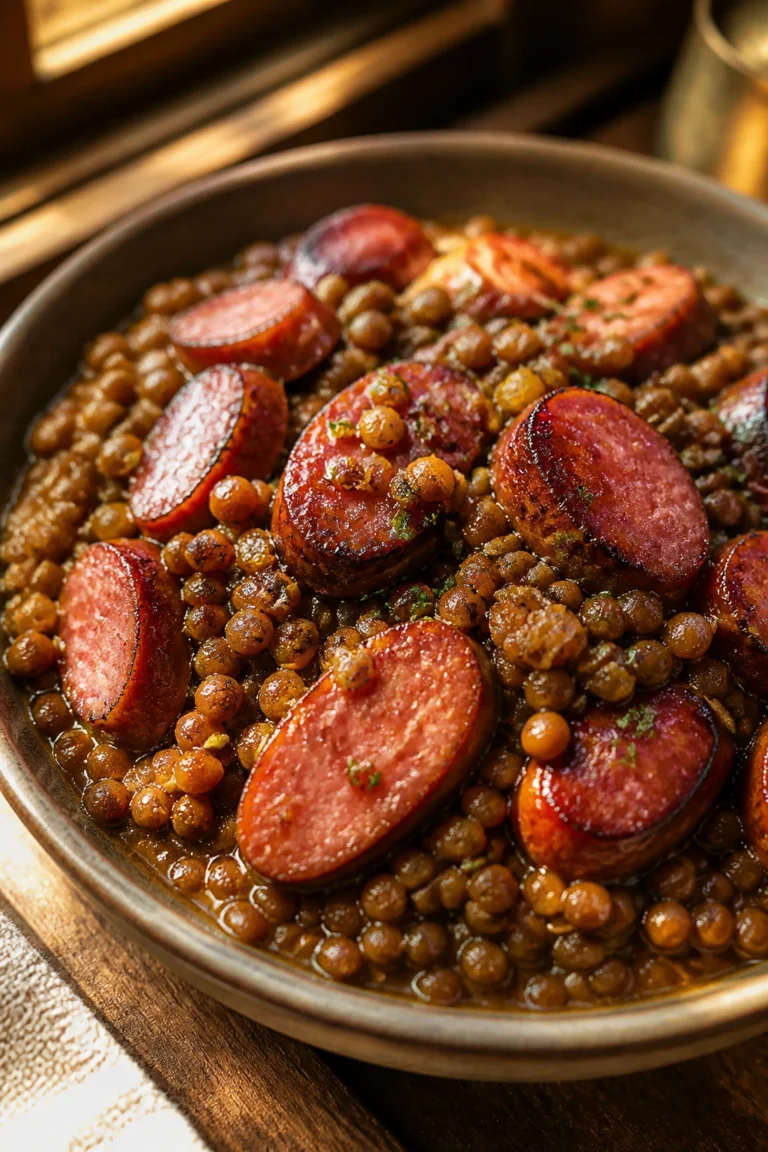 Tender Lentils and Sausage with Brown Sugar Glaze