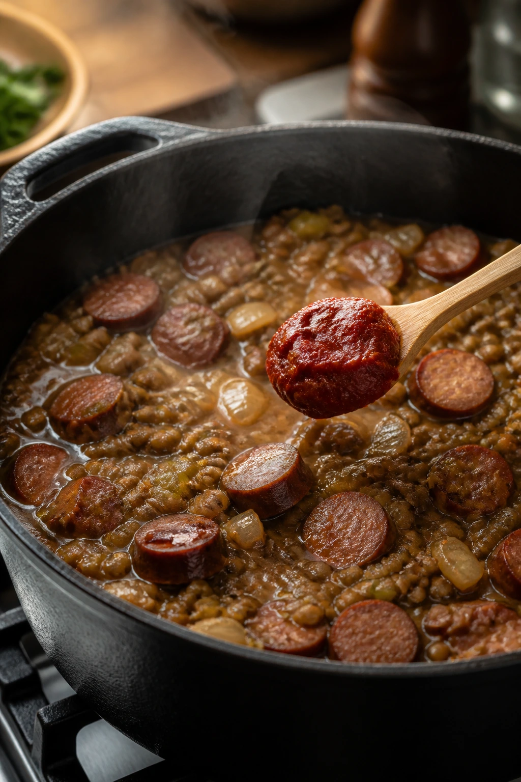 Close-up of lentils and smoked sausage in a cast-iron pot with tomato paste about to be stirred, warm kitchen lighting