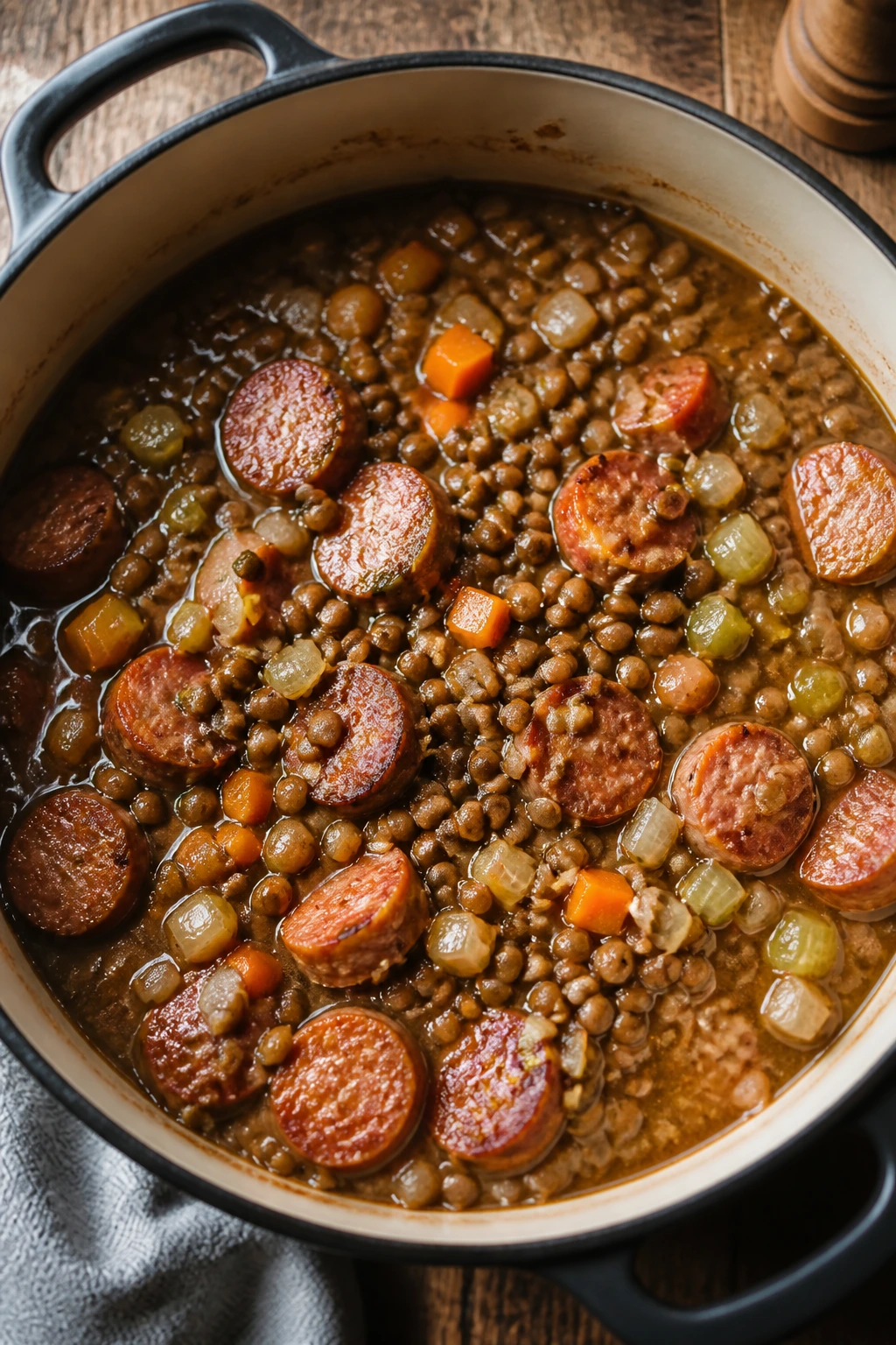 Top-down view of simmering lentils and sausage in a Dutch oven