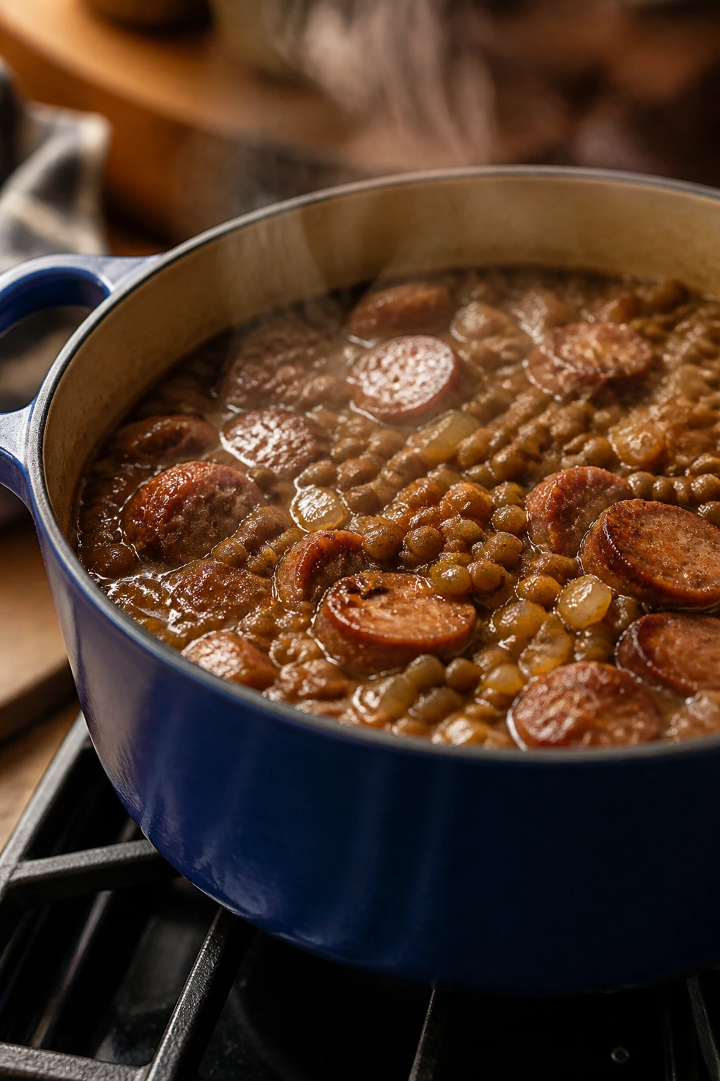 Dish of lentils and sausage in a pot on a stove with a warm kitchen background