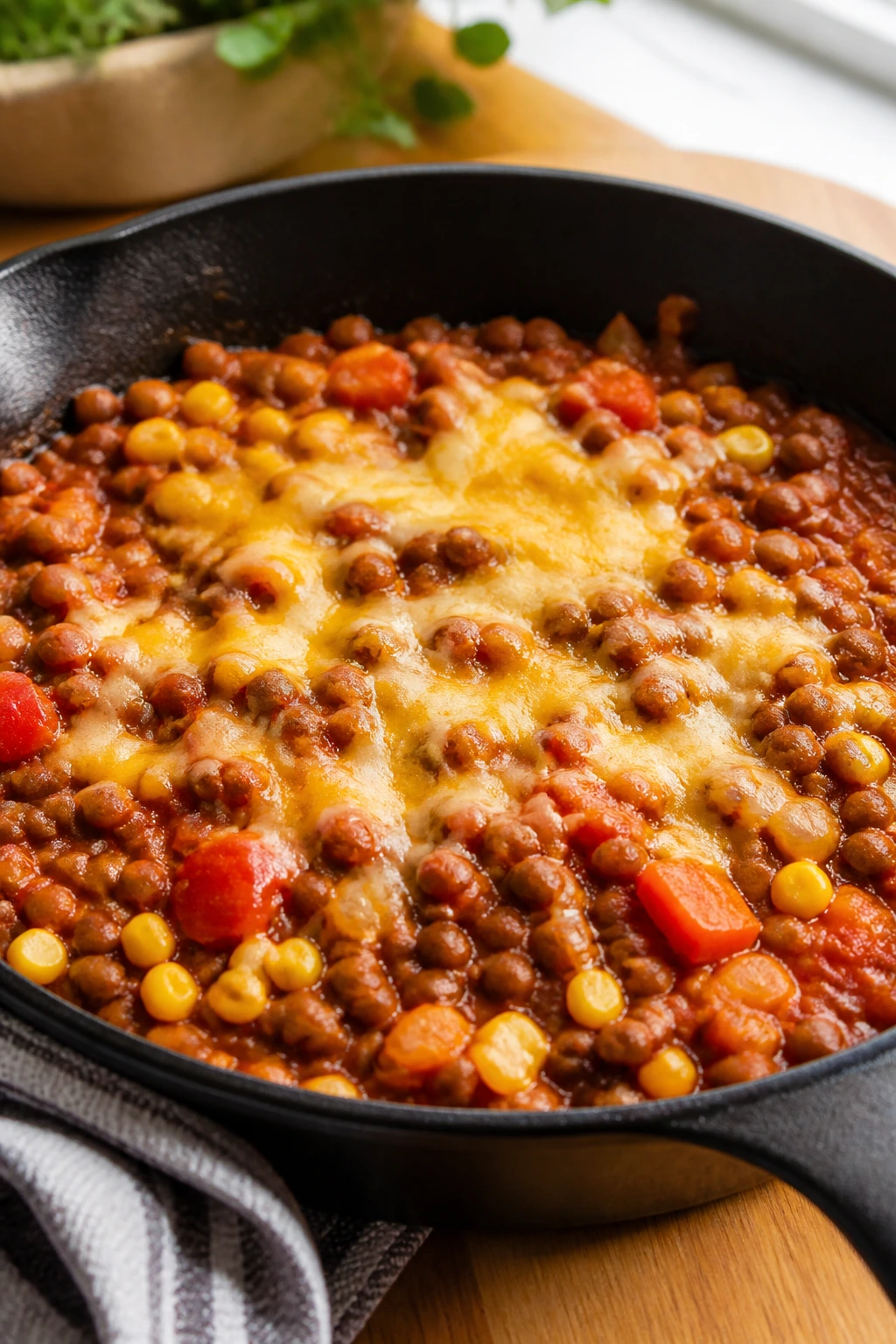 Close-up of Lentil Taco Skillet in a skillet with onions, peppers, and corn