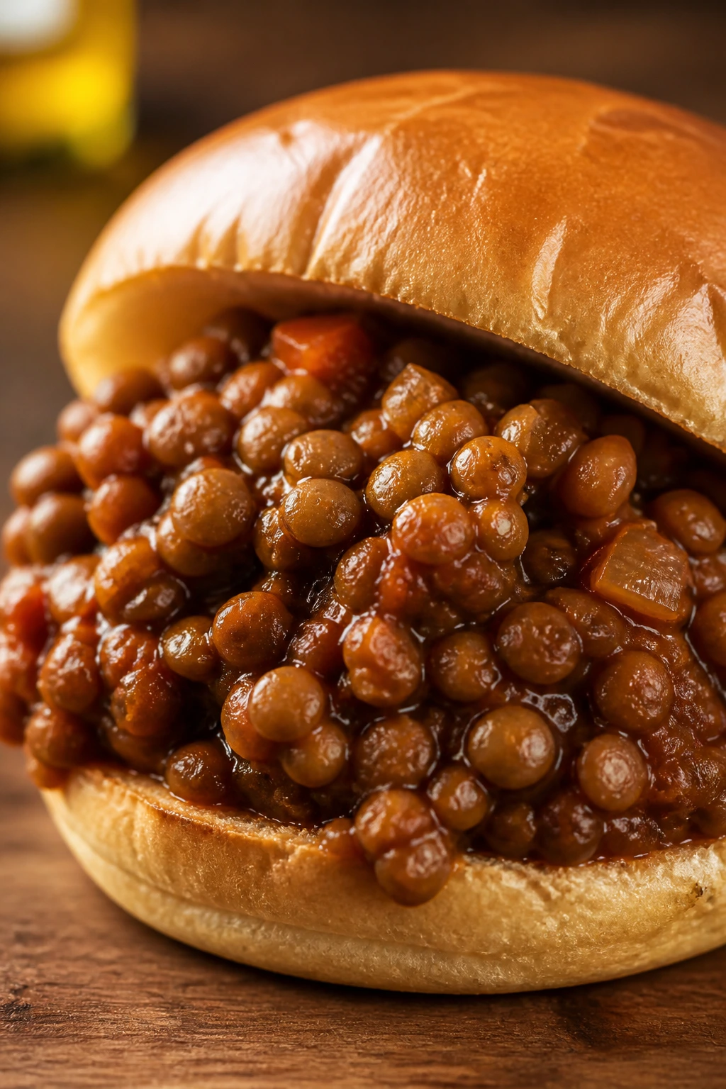 Close-up of lentil sloppy joes on a toasted bun