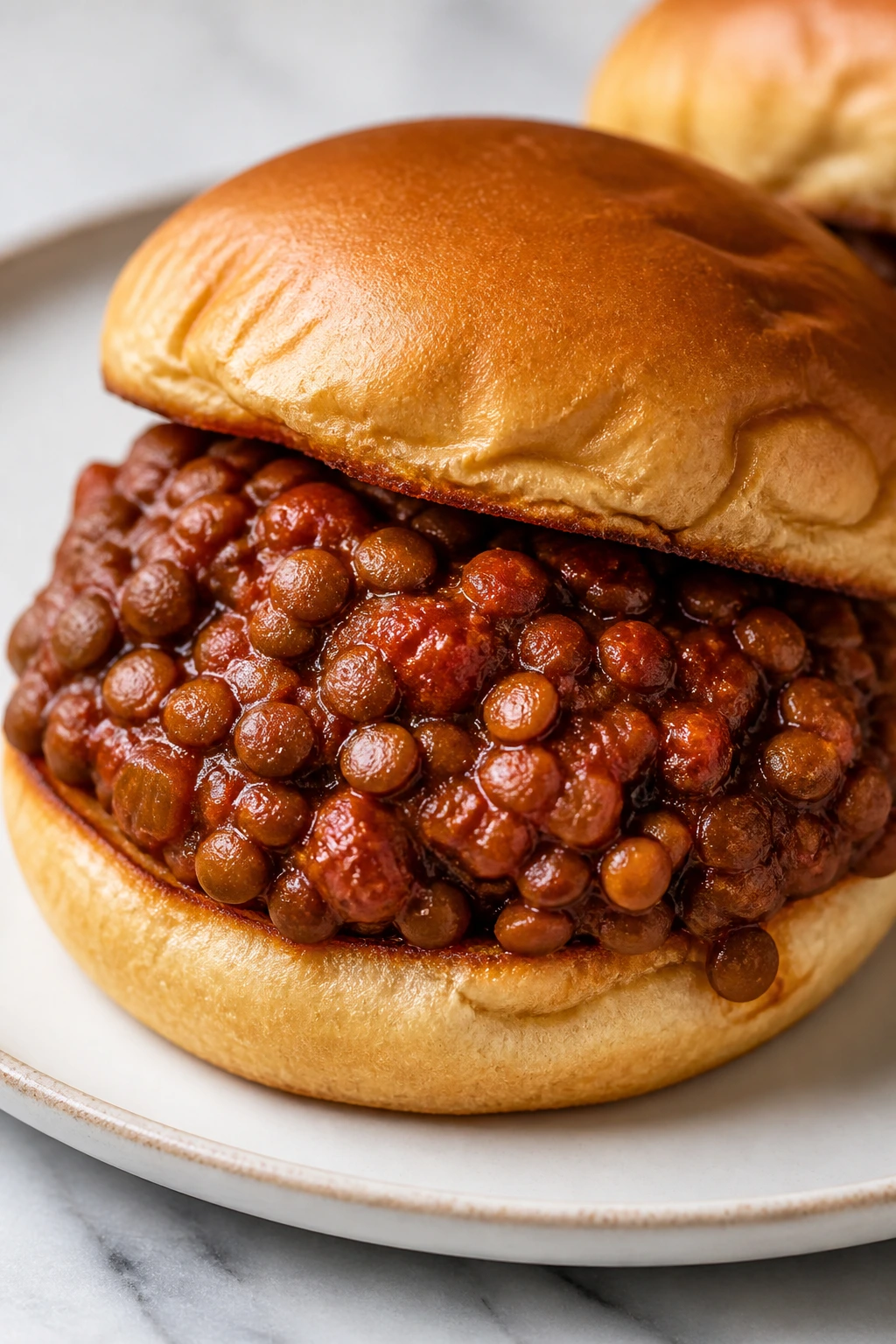 Toasted bun with glossy lentil sloppy joe filling