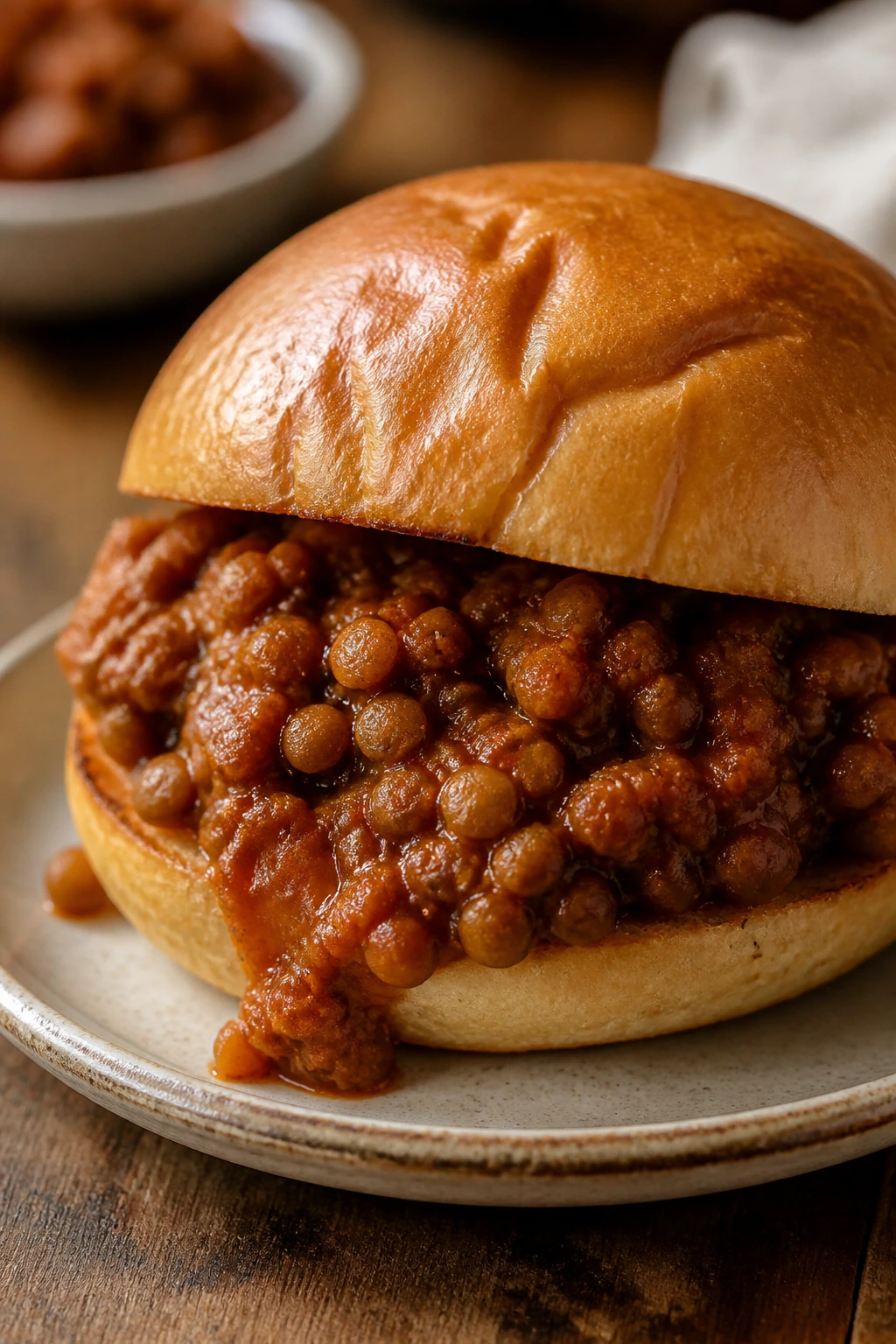 Close-up lentil sloppy joes in a bun