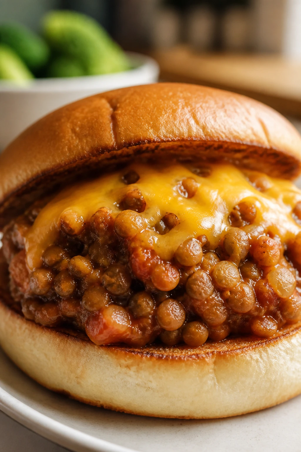 Toasted bun with lentil sloppy joe filling and cheddar