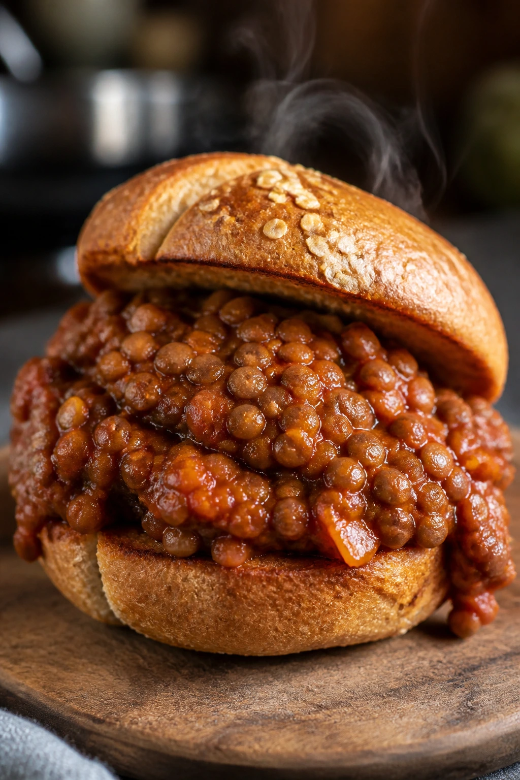 Lentil sloppy joes on a toasted bun with thick sauce