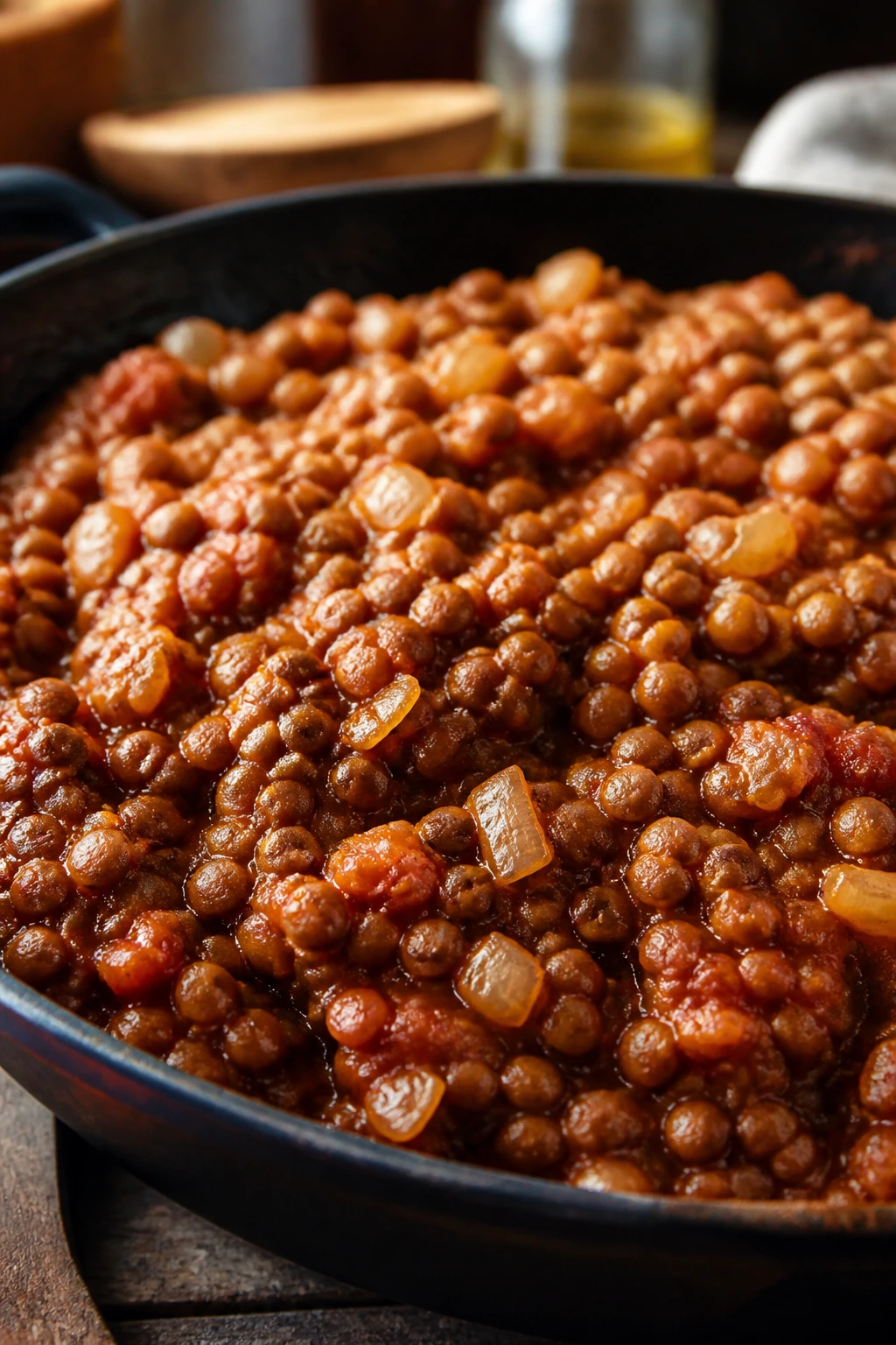 Close-up of saucy lentil sloppy joes in a skillet