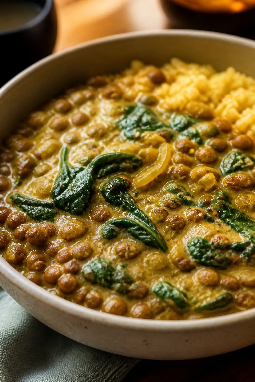Thick lentil spinach curry in a ceramic bowl with rice underneath