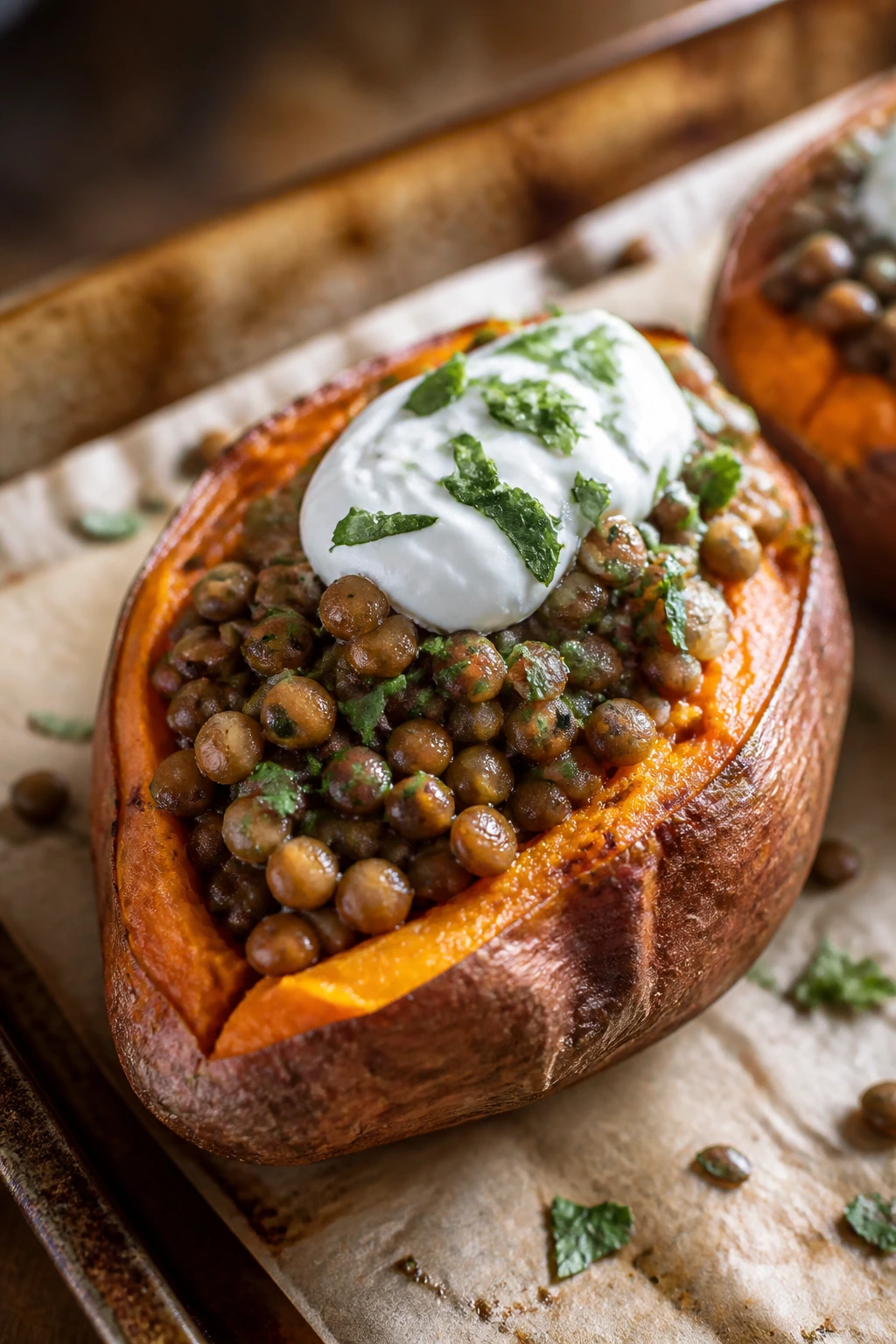 Halved roasted sweet potato filled with garlicky lentils and yogurt finish.