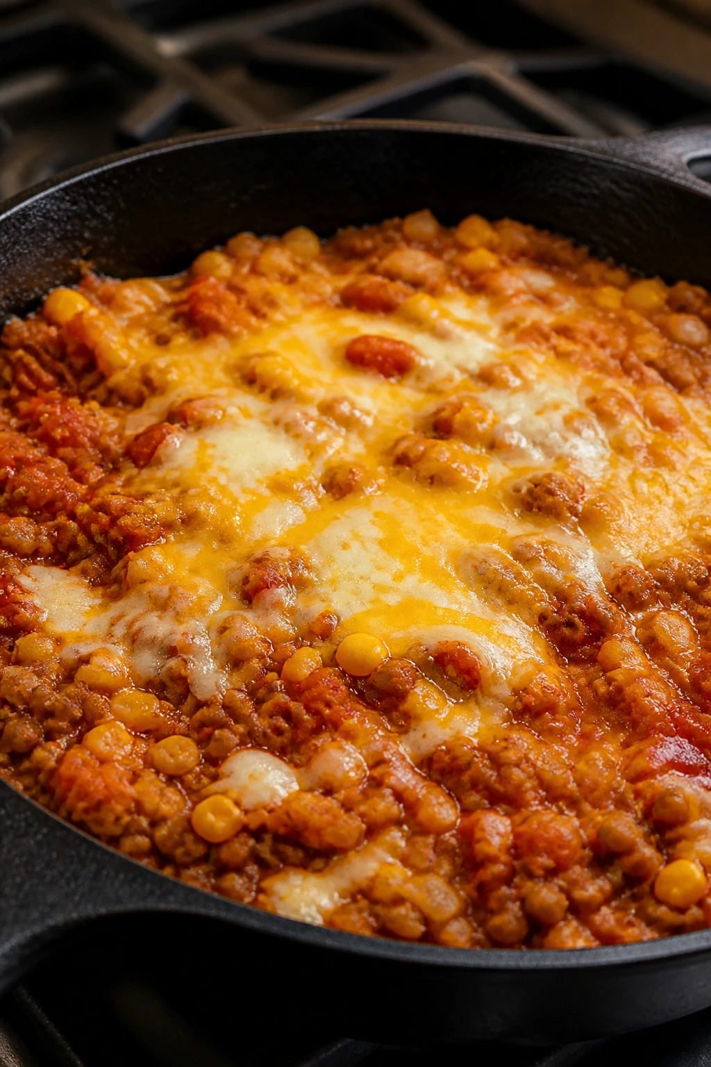 Close-up of red lentil taco skillet with cheese on top
