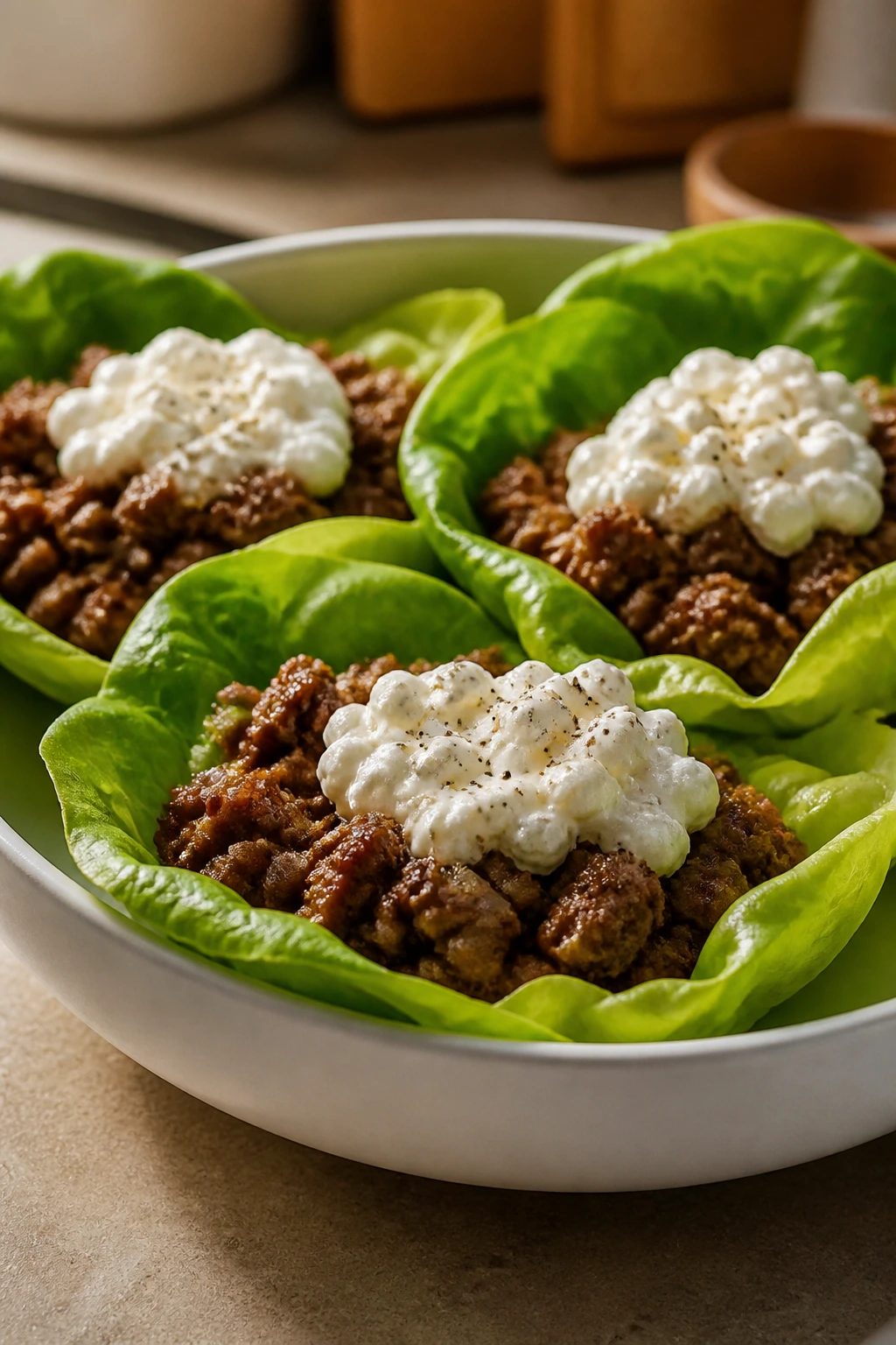 Lettuce wrap bowls with beef and cottage cheese filling