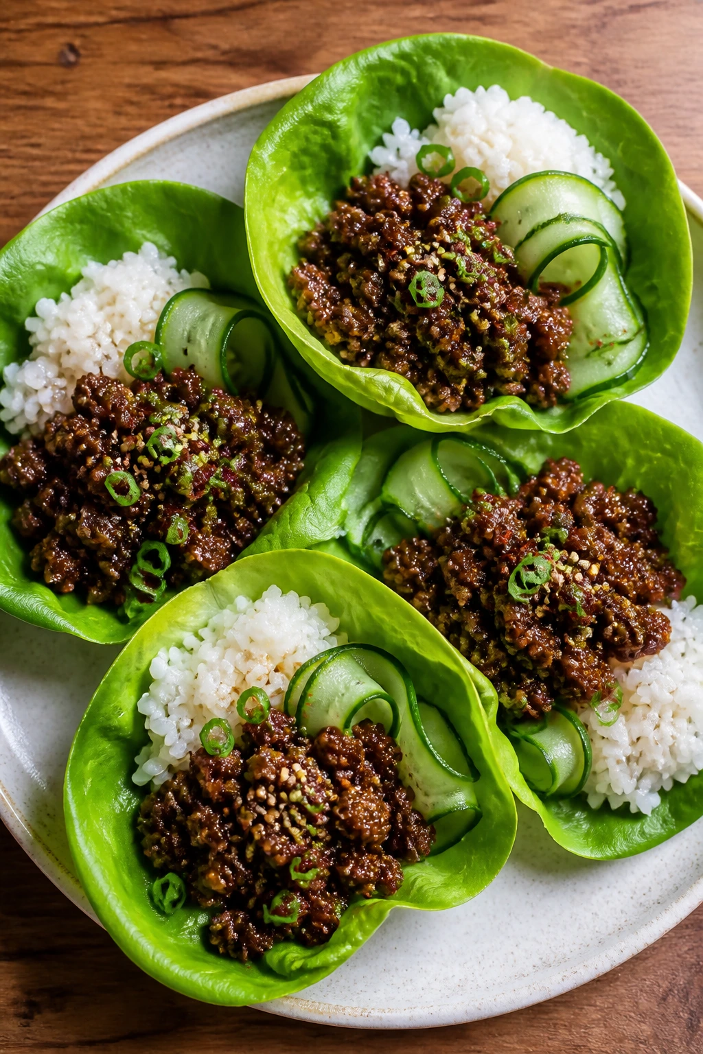 Lettuce cup beef variation plated on wooden table
