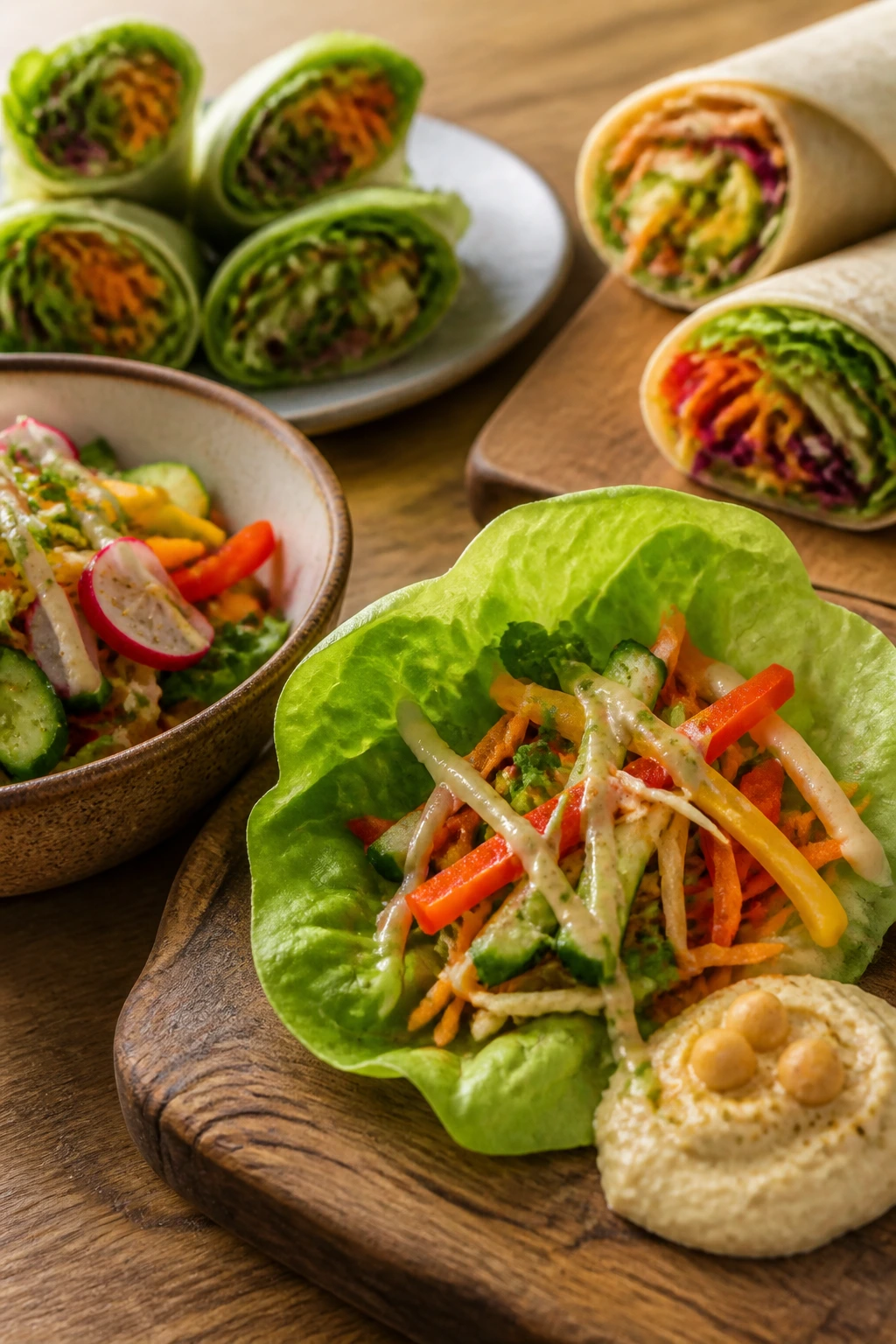 Lettuce cup filled with colorful raw vegetables.