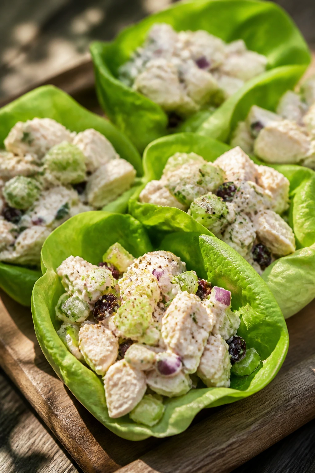 Close-up of lettuce cups filled with chicken salad on a wooden picnic board