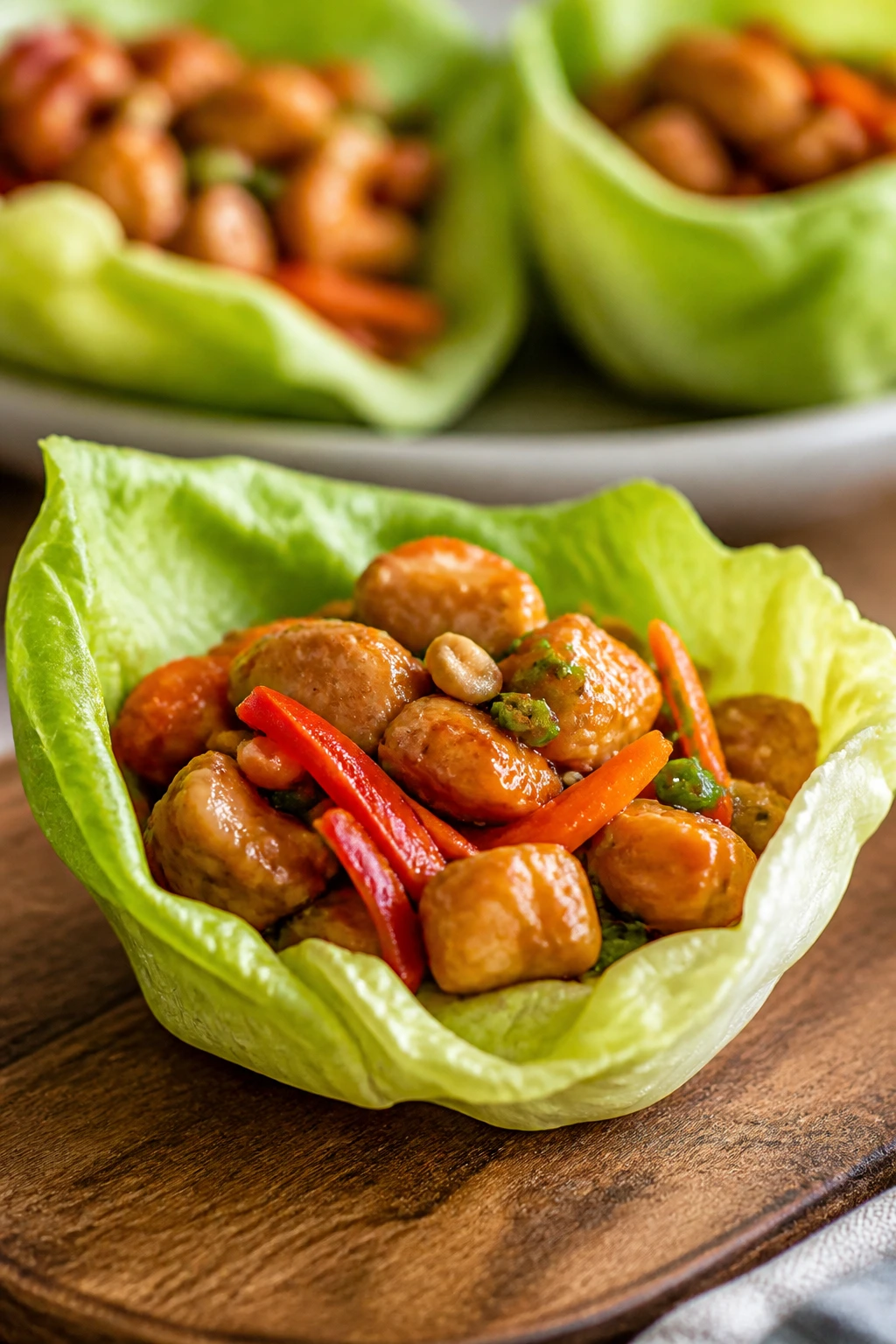 Lettuce cup filled with stir-fry filling on a plate