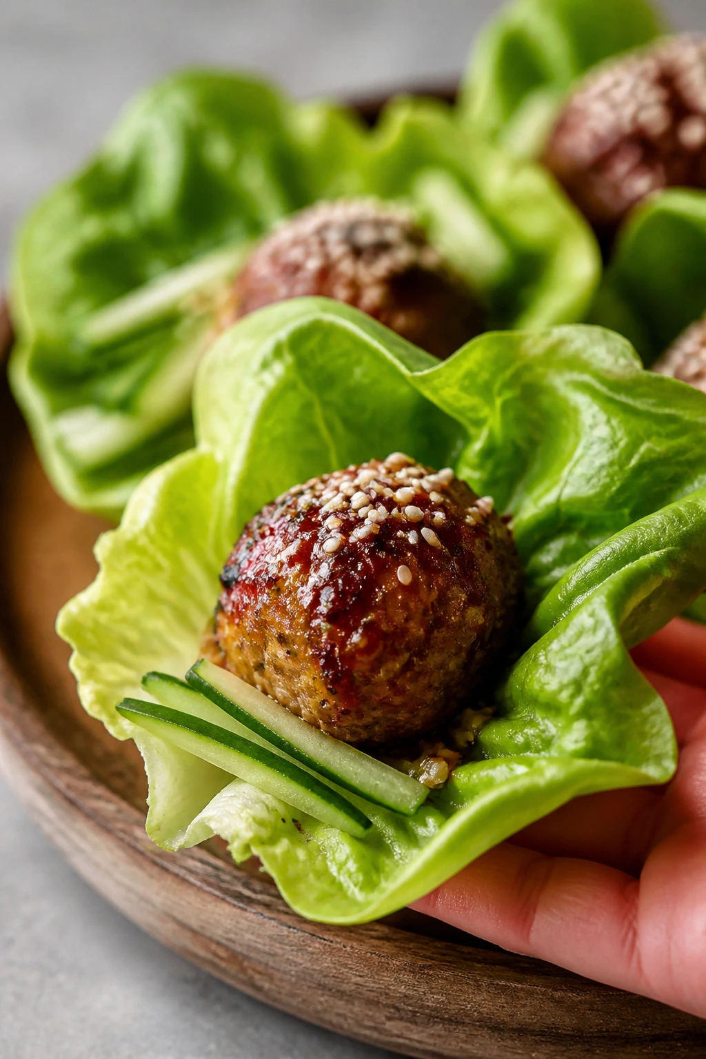 Close-up of a lettuce-wrapped pork meatball with cucumber on a rustic plate