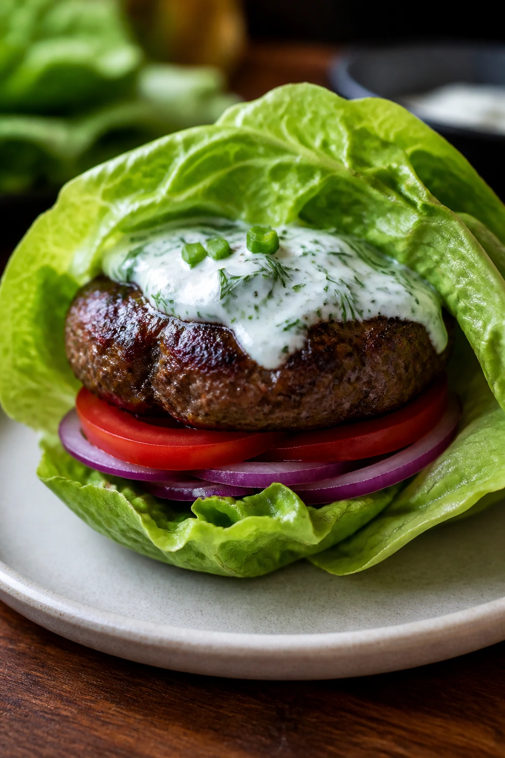Lettuce-wrapped beef burger with yogurt sauce
