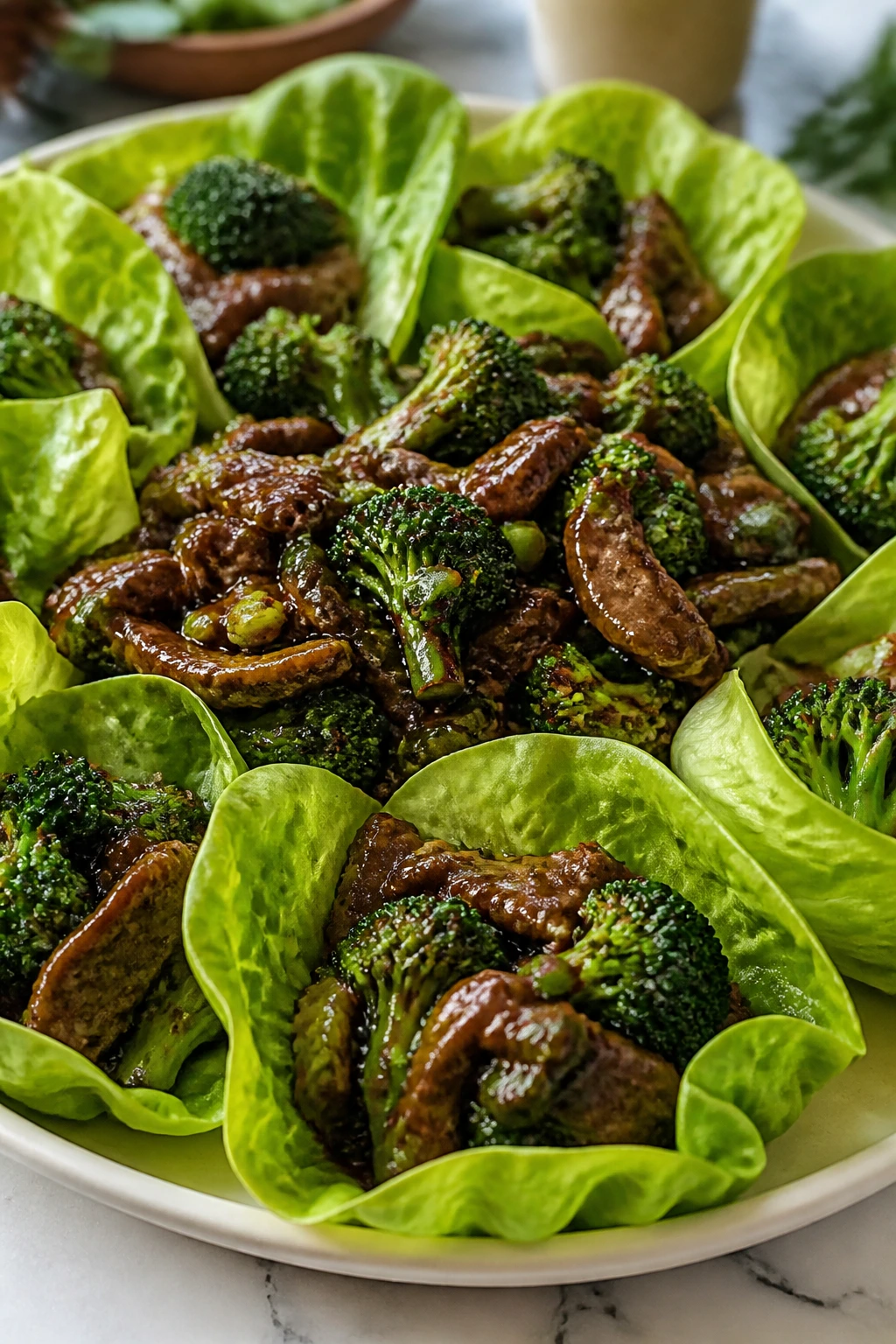 Lettuce wraps with beef and broccoli filling on a platter